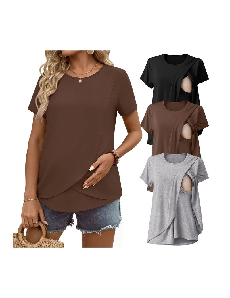 Double-layer nursing top, short sleeves, brown with side drape and hidden nursing access