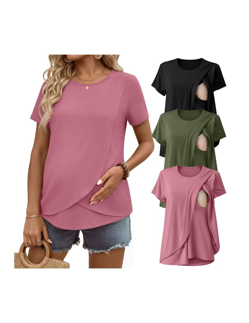 Double-layer nursing top, short sleeves, mauve-pink with side drape and nursing access