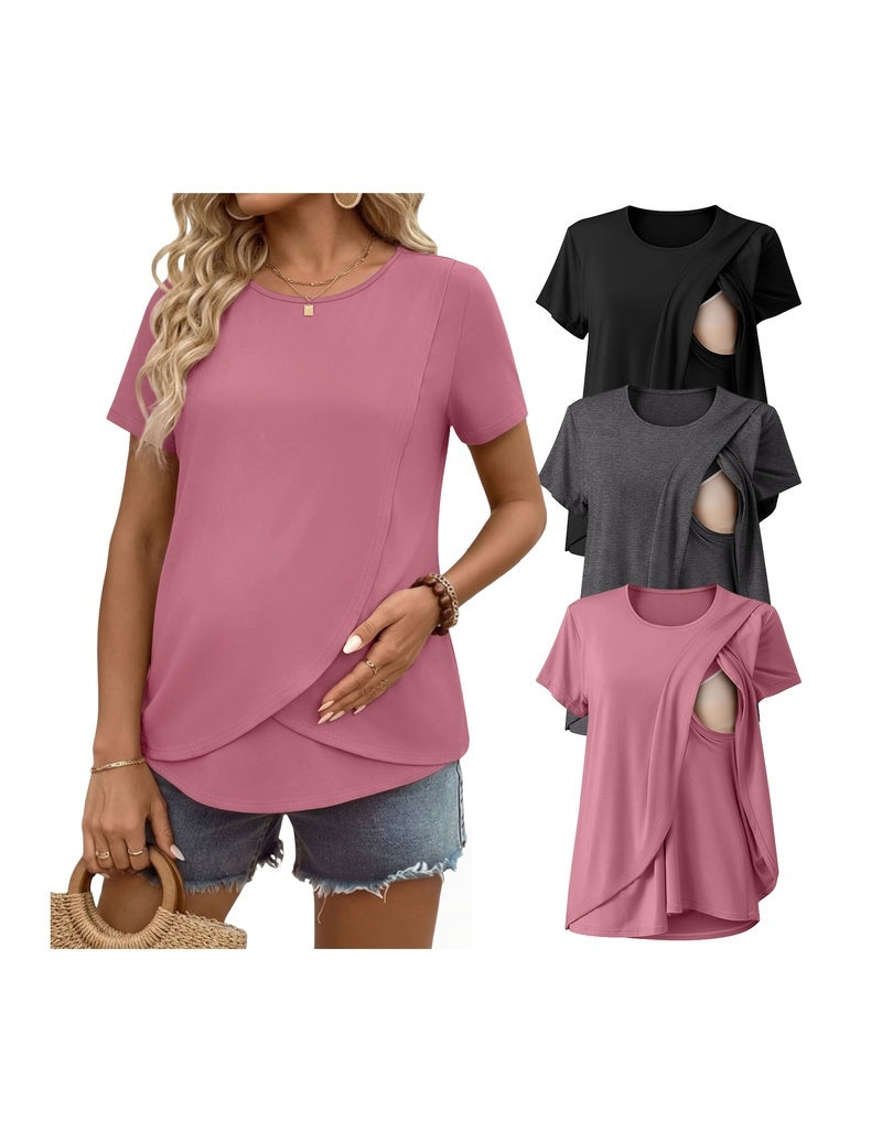 Double-layer nursing top, short sleeves, dusty pink with side drape and nursing access