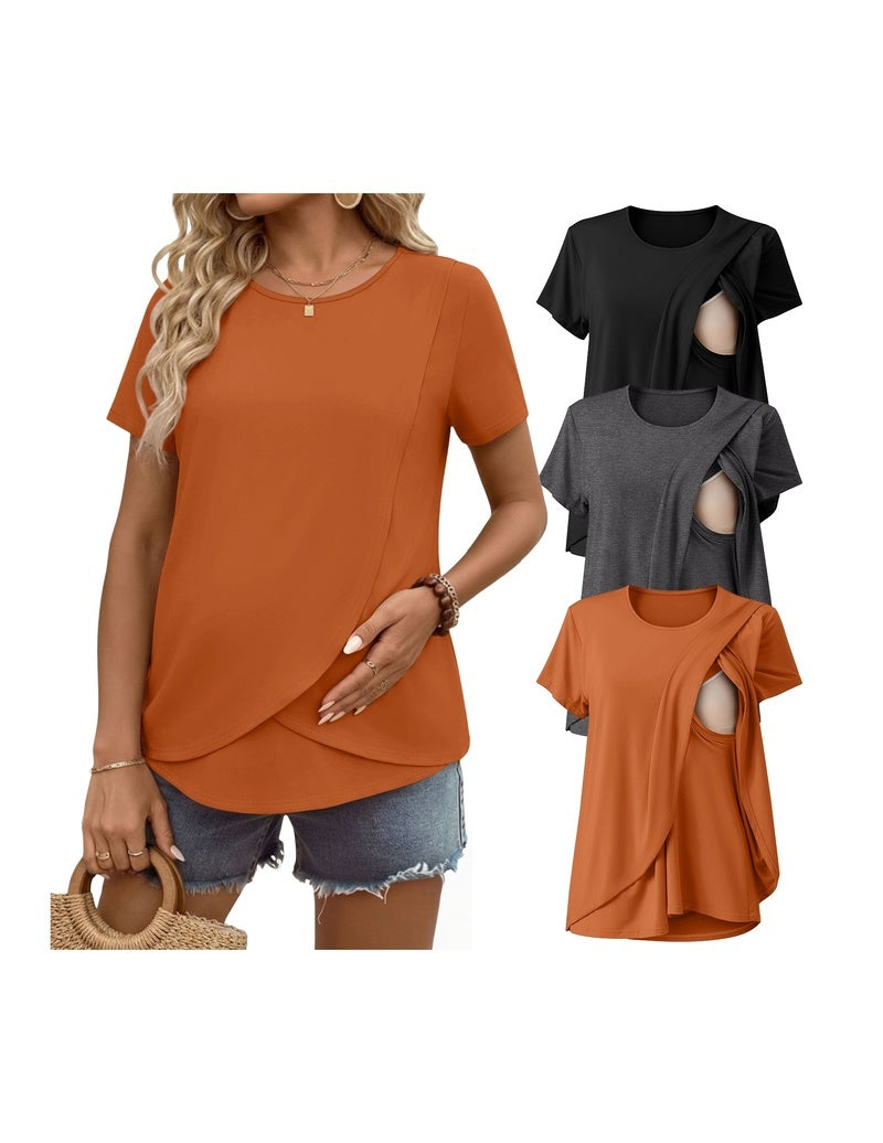 Double-layer nursing top, short sleeves, rust orange with side drape and nursing access