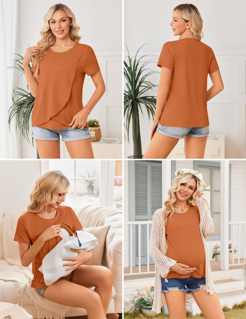 Double-layer nursing top, short sleeves, rust orange; side and back views, nursing drape