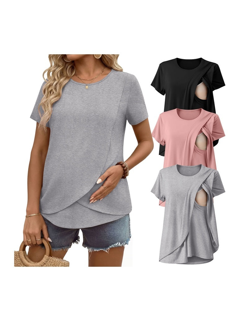 Double-layer nursing top, short sleeves, heather gray with side drape and hidden nursing opening