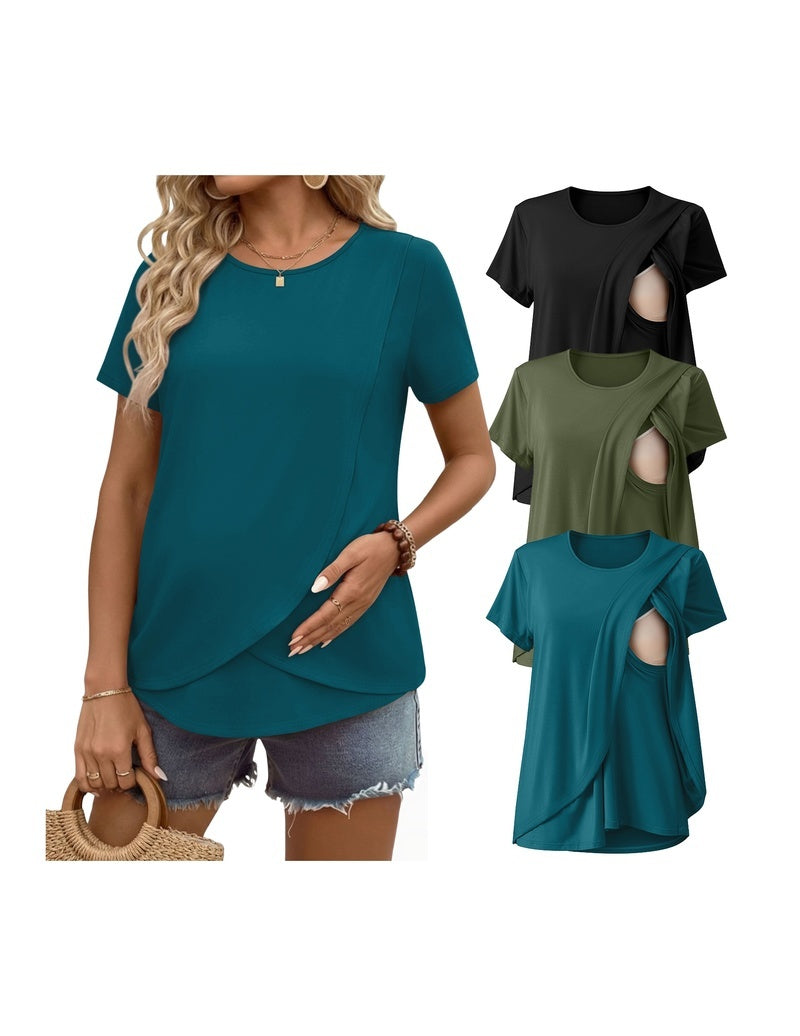 3-pack nursing tops in teal and black/olive/pink, short sleeves with front cutout