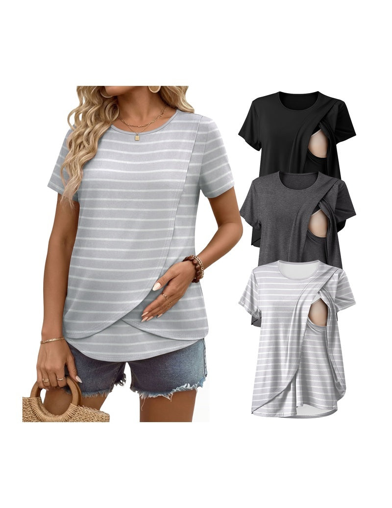 3-pack nursing tops with striped gray/white and dark options; short sleeves, front cutout