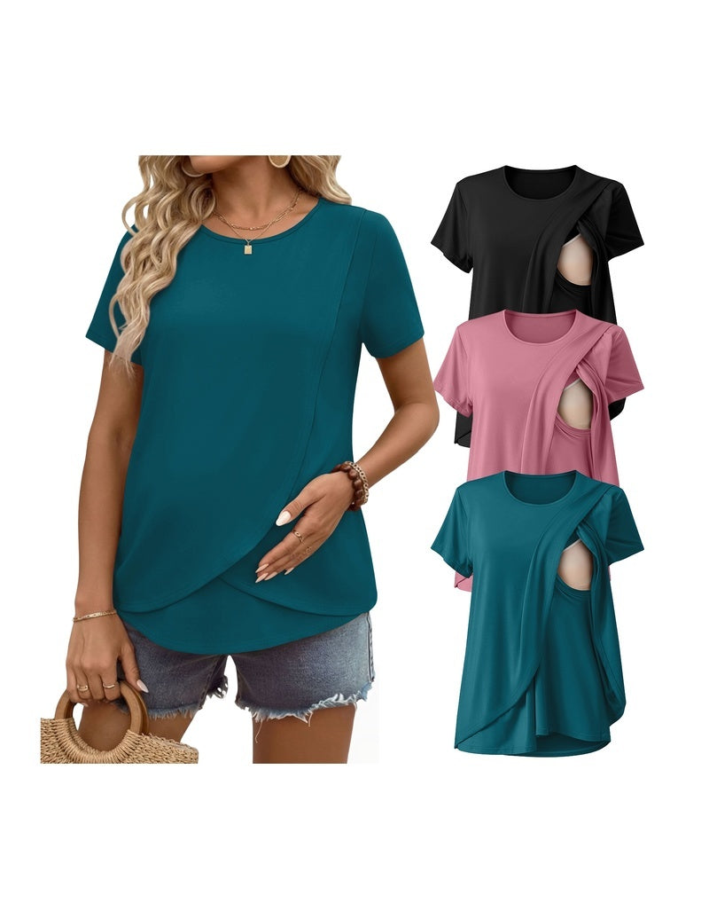 3-pack nursing tops in teal, black, and pink; short sleeves with front cutout