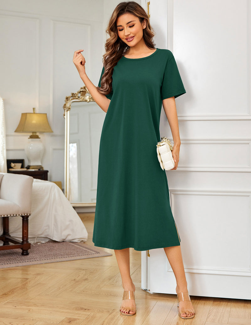 Ekouaer Cotton Full Length Nightgown Long Sleepshirt Short Sleeve