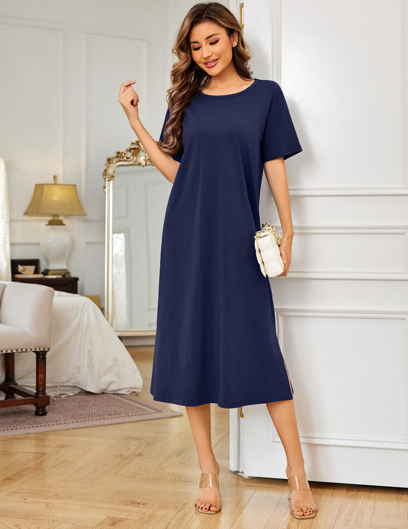 Ekouaer Cotton Full Length Nightgown Long Sleepshirt Short Sleeve