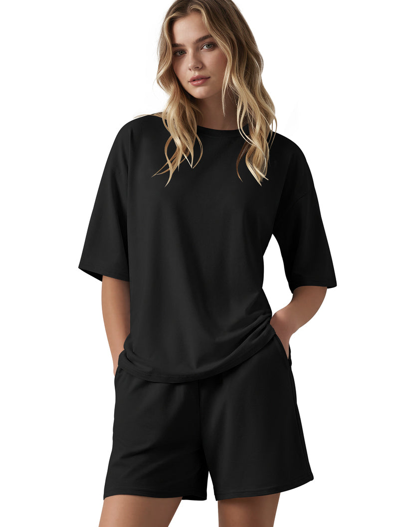 Oversized lounge set in black: loose T-shirt and matching casual shorts