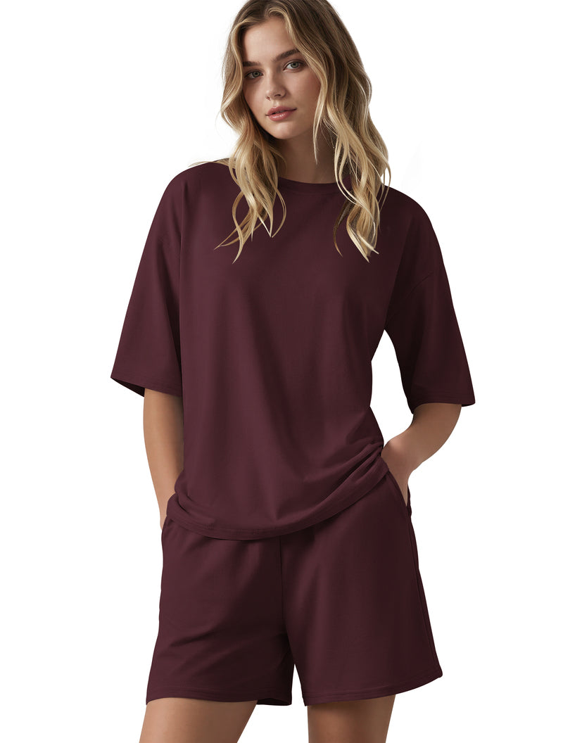 Oversized lounge set: dark plum T-shirt and matching shorts, relaxed fit, elastic waist