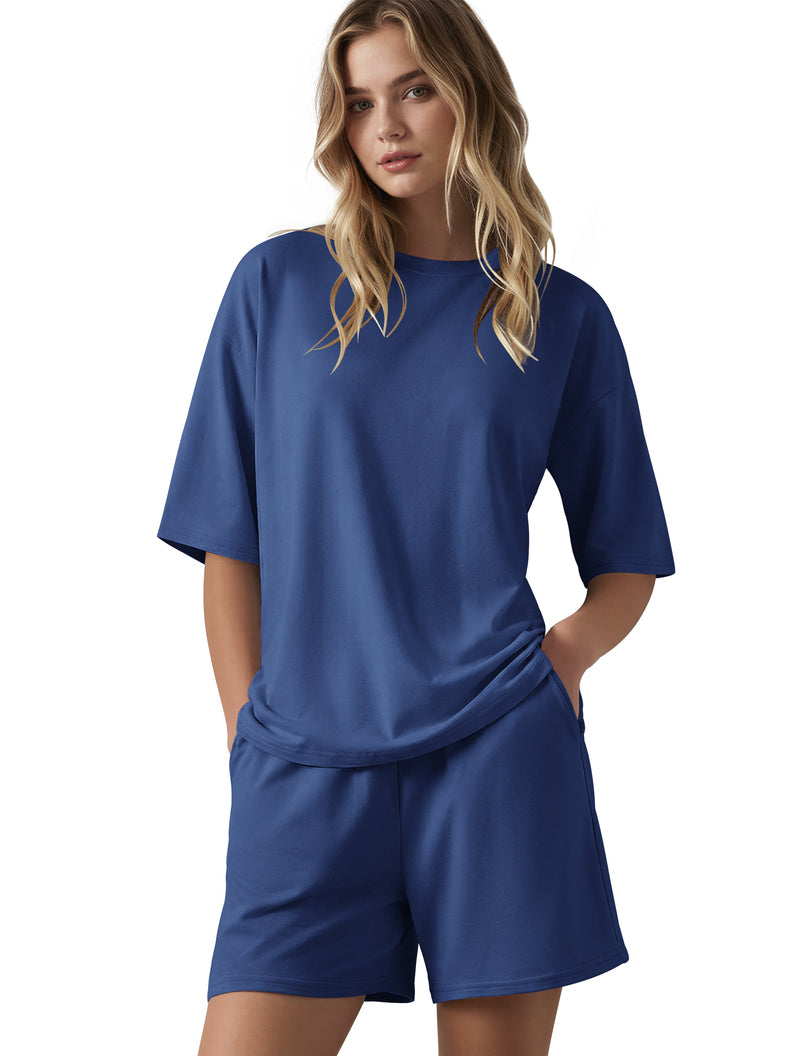Oversized lounge set in navy blue: oversized T-shirt and matching casual shorts