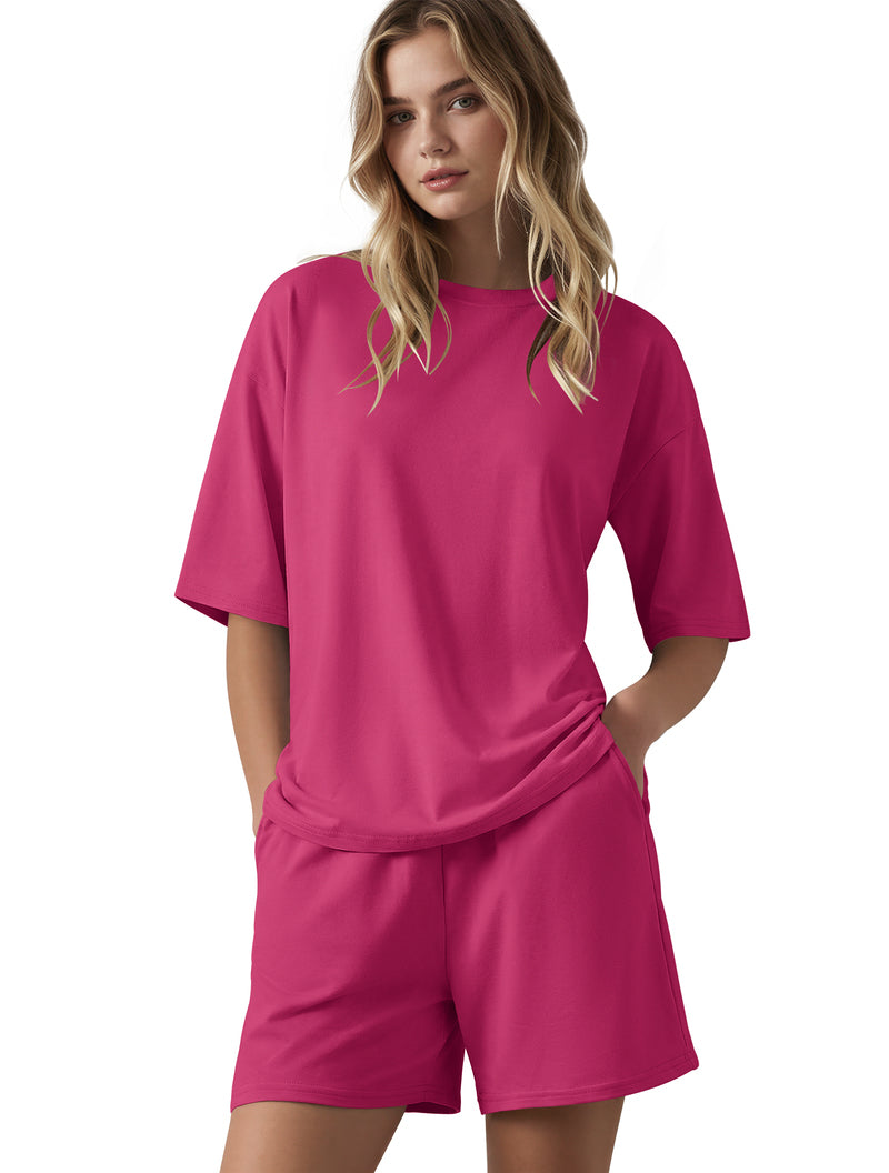 Oversized lounge set in hot pink: loose T-shirt with matching casual shorts