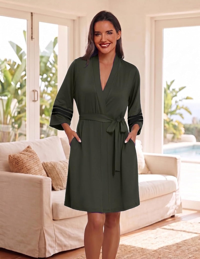 Dark green knit short bathrobe with V-neck, 3/4 sleeves, and waist tie belt