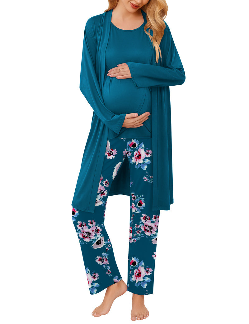 Ekouaer Maternity Nursing Robe Set 3-Piece | Tank Top + Pants + Robe