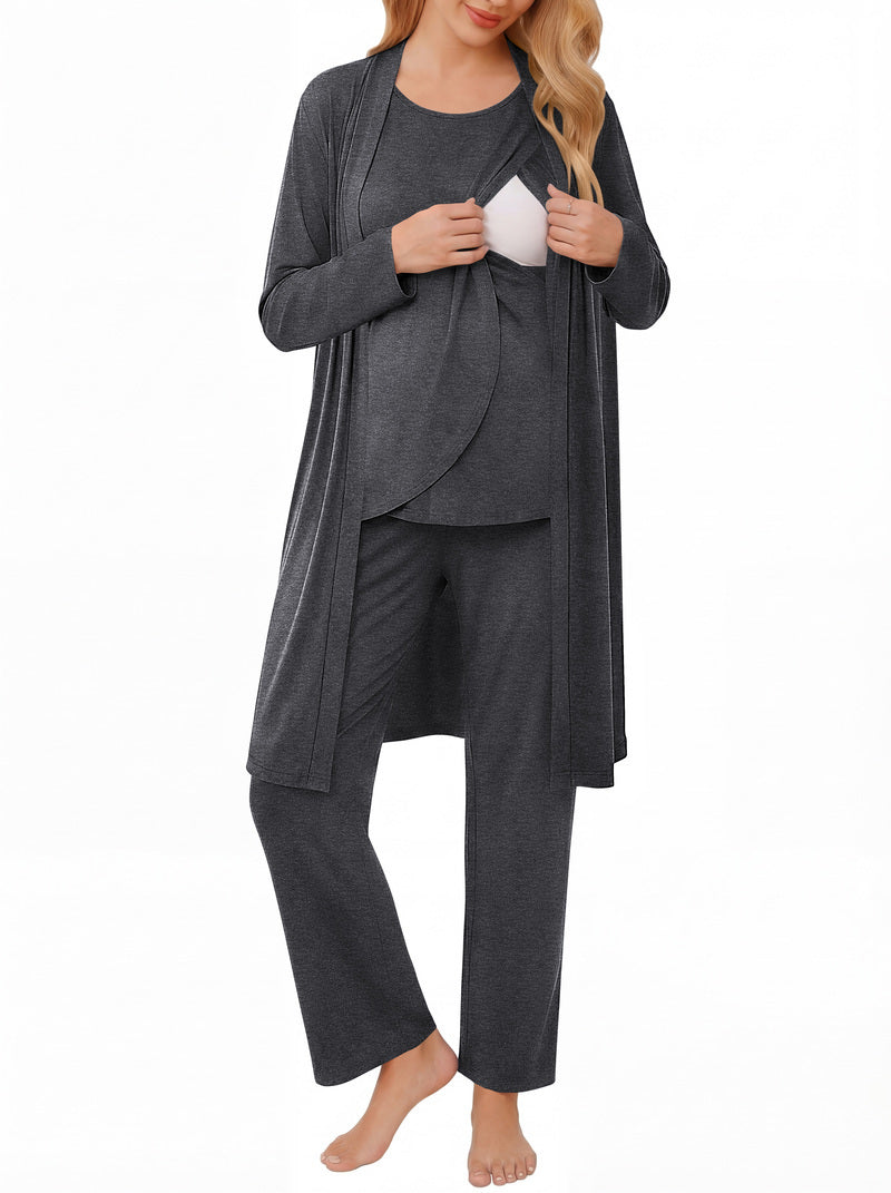 Ekouaer Maternity Nursing Robe Set 3-Piece | Tank Top + Pants + Robe