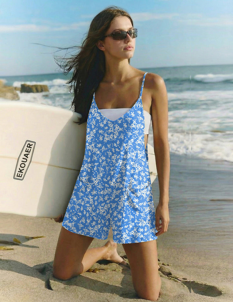 Casual Sleeveless Short Overalls Boho Strap Shorts Jumpsuit with Pockets