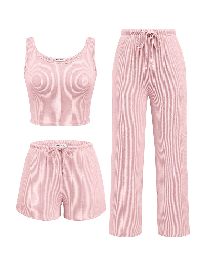 3 Piece Lounge Set Ribbed Soft Pajama Set