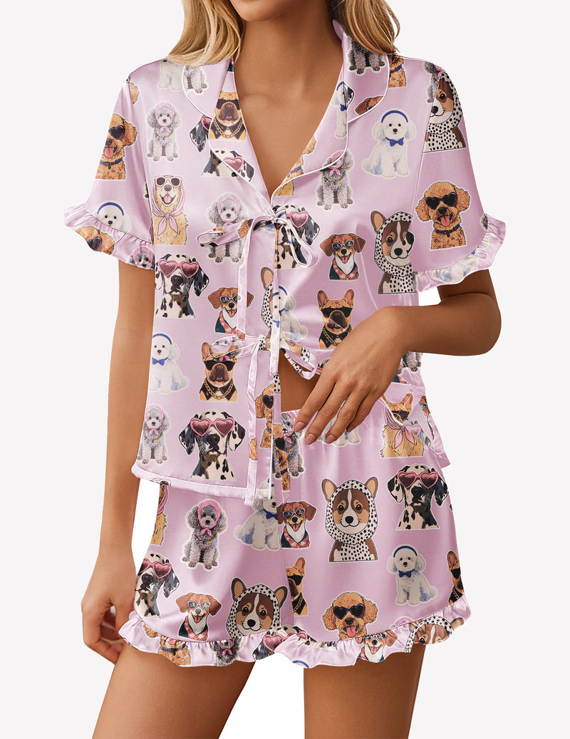 Satin Pajama Silky Pj Short Set Bow Front Tie Up Loungewear