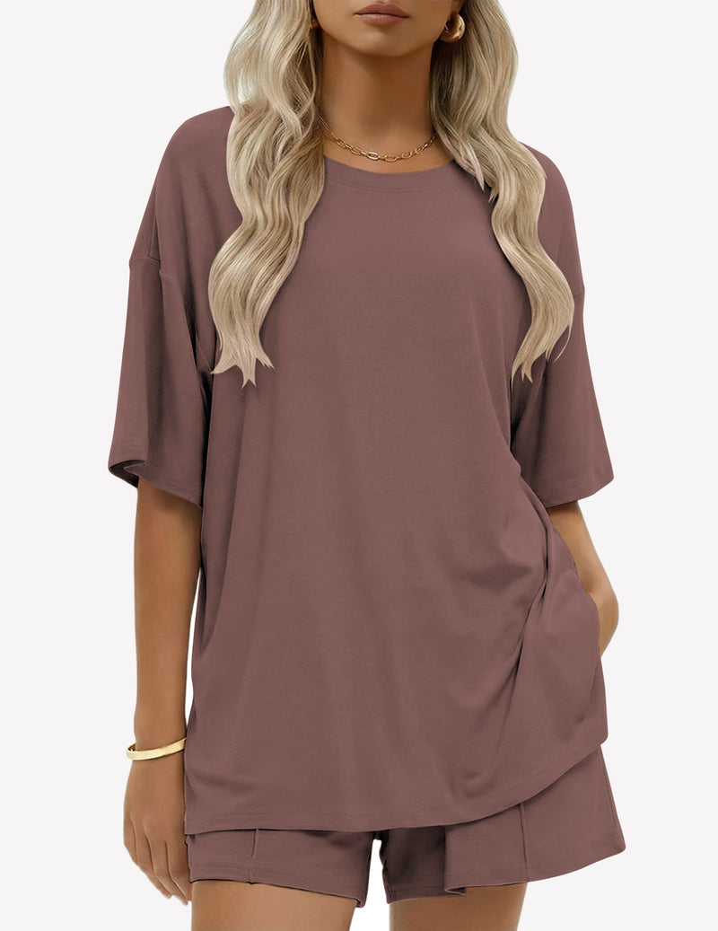 100% Cotton 2 Pieces Short Sets Short Sleeve Casual Lounge Set