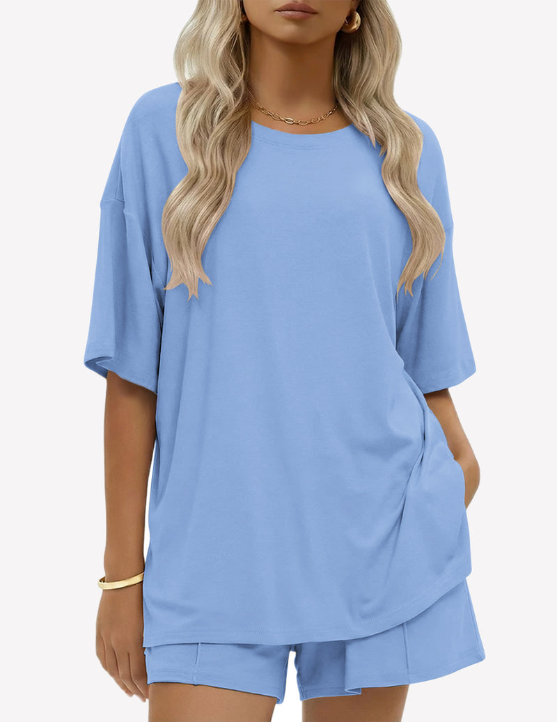 100% Cotton 2 Pieces Short Sets Short Sleeve Casual Lounge Set