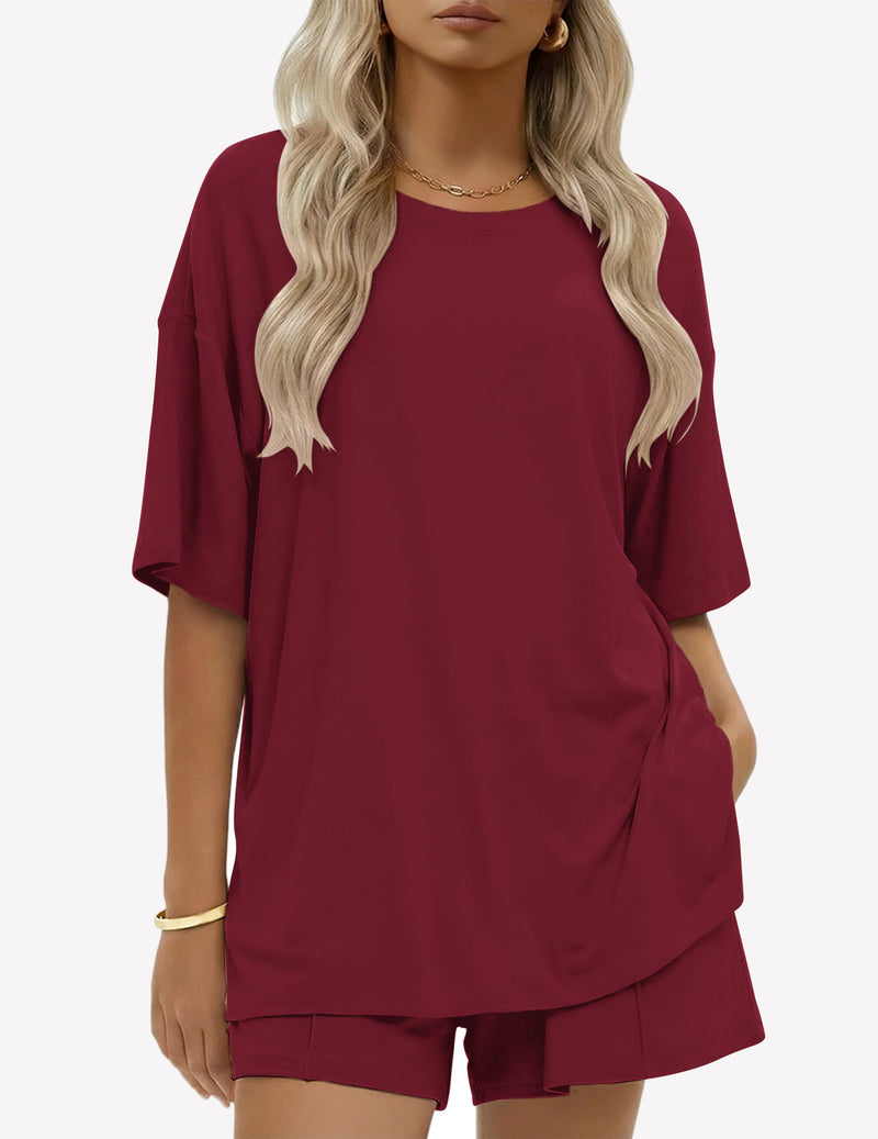 100% Cotton 2 Pieces Short Sets Short Sleeve Casual Lounge Set