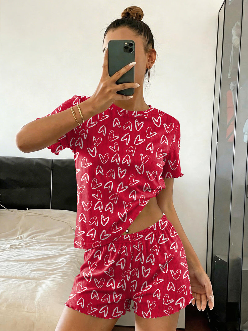 Ribbed crop top and shorts pajama set in red with heart pattern, short sleeves and elastic waist