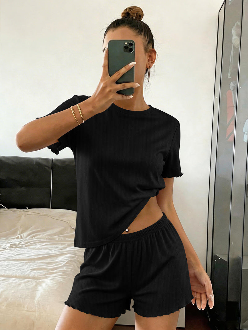 Ribbed crop top and shorts pajama set in black, short sleeves with elastic-waist shorts