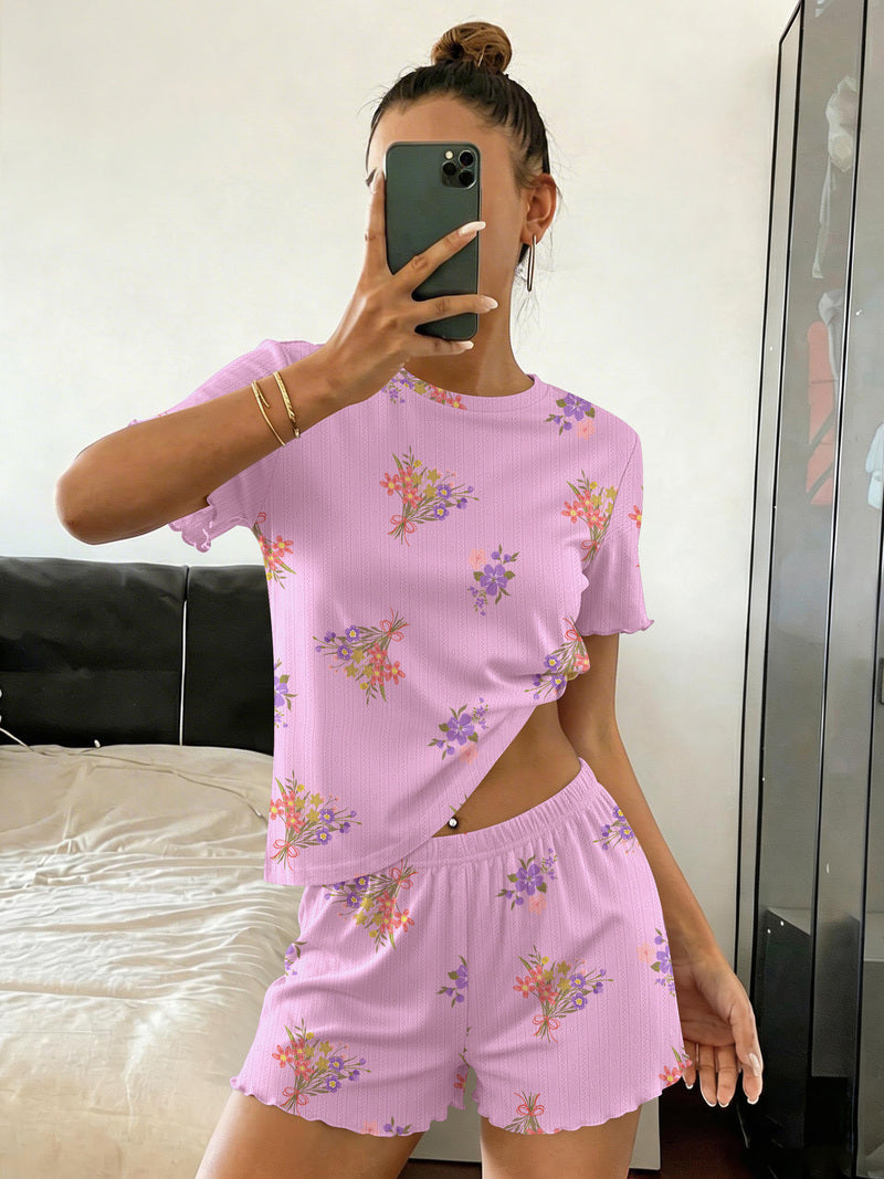 Ribbed crop top and shorts pajama set in lilac with floral print, short sleeves and elastic waist