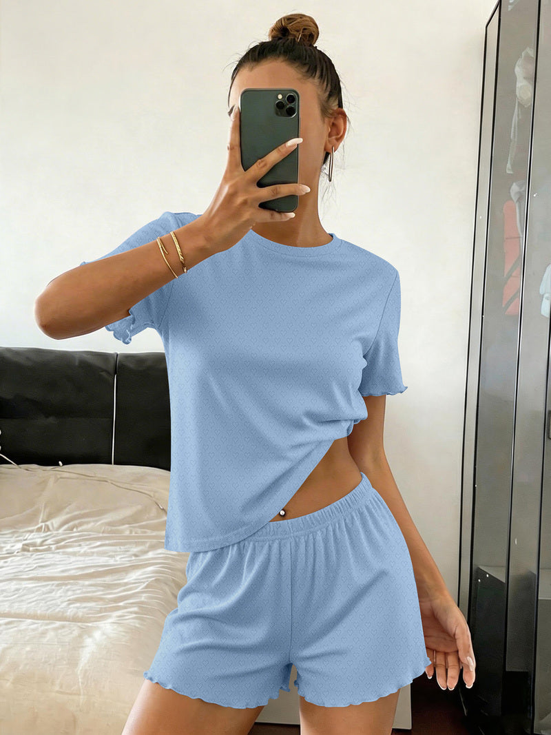 Ribbed crop top and shorts pajama set in light blue, short sleeves and elastic-waist shorts