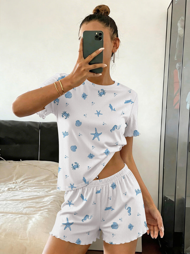 Ribbed crop top and shorts pajama set in white with blue sea animal print, elastic-waist shorts