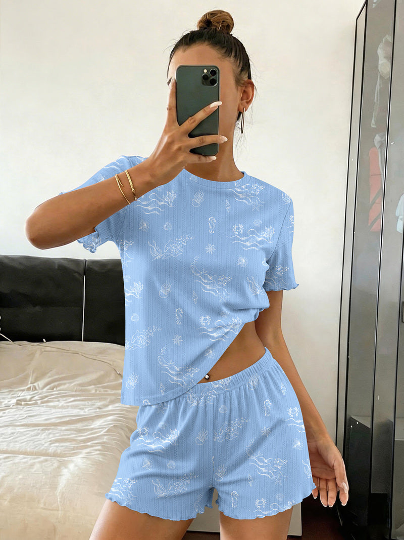 Ribbed crop top and shorts pajama set in light blue with small motif print, elastic-waist shorts