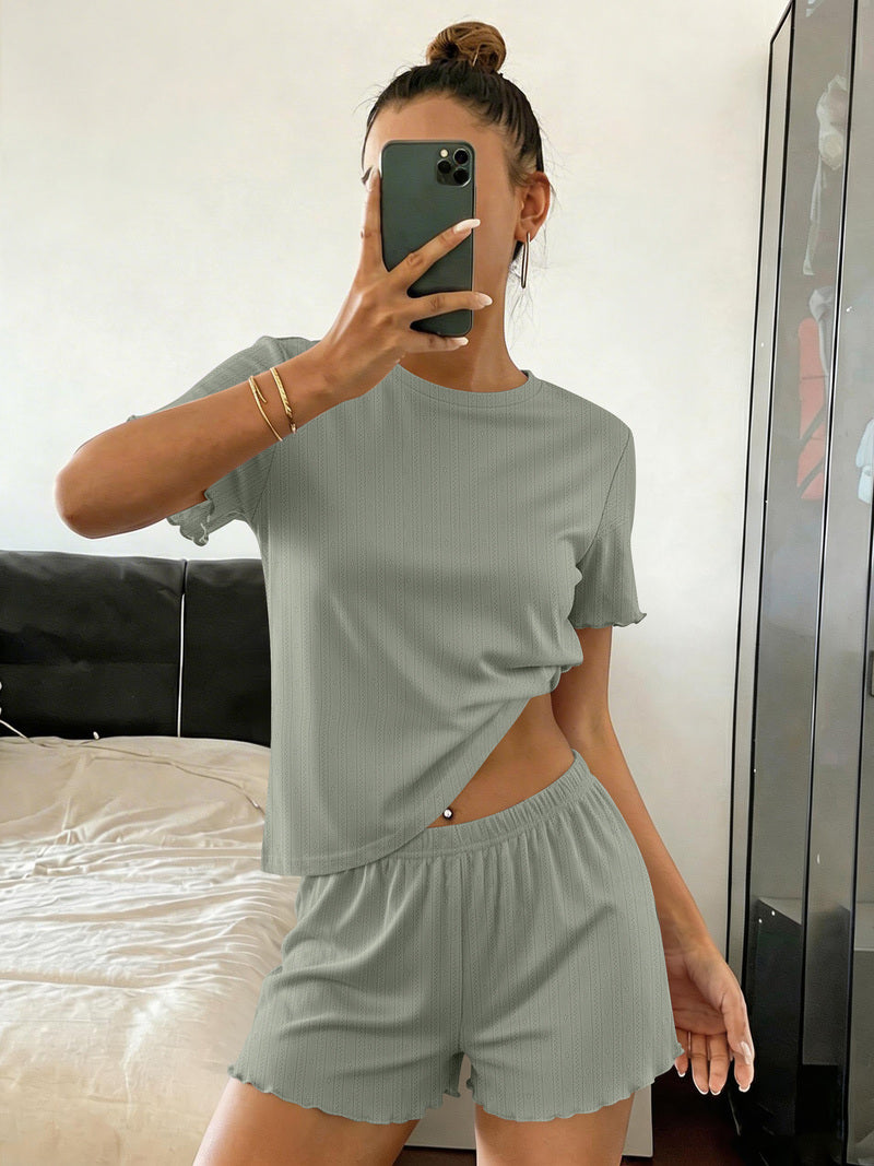 Solid crop pajama top and shorts set in light blue-grey