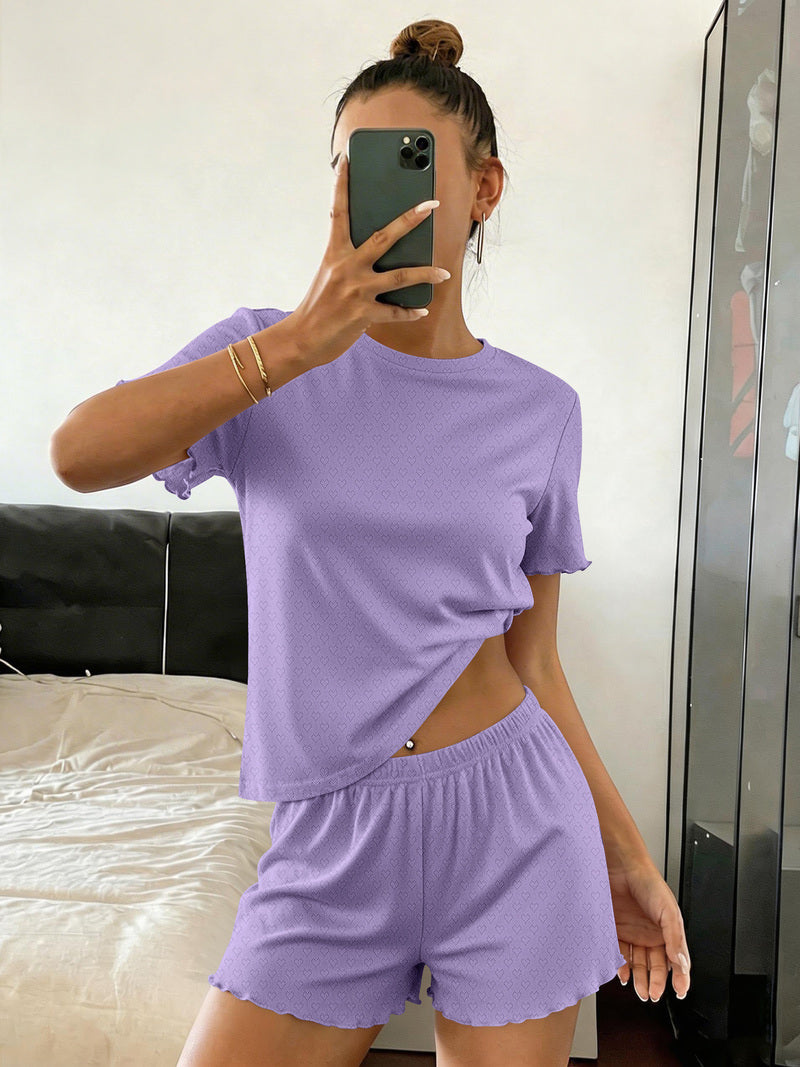 Solid lilac crop pajama top and shorts set with matching elastic waistband