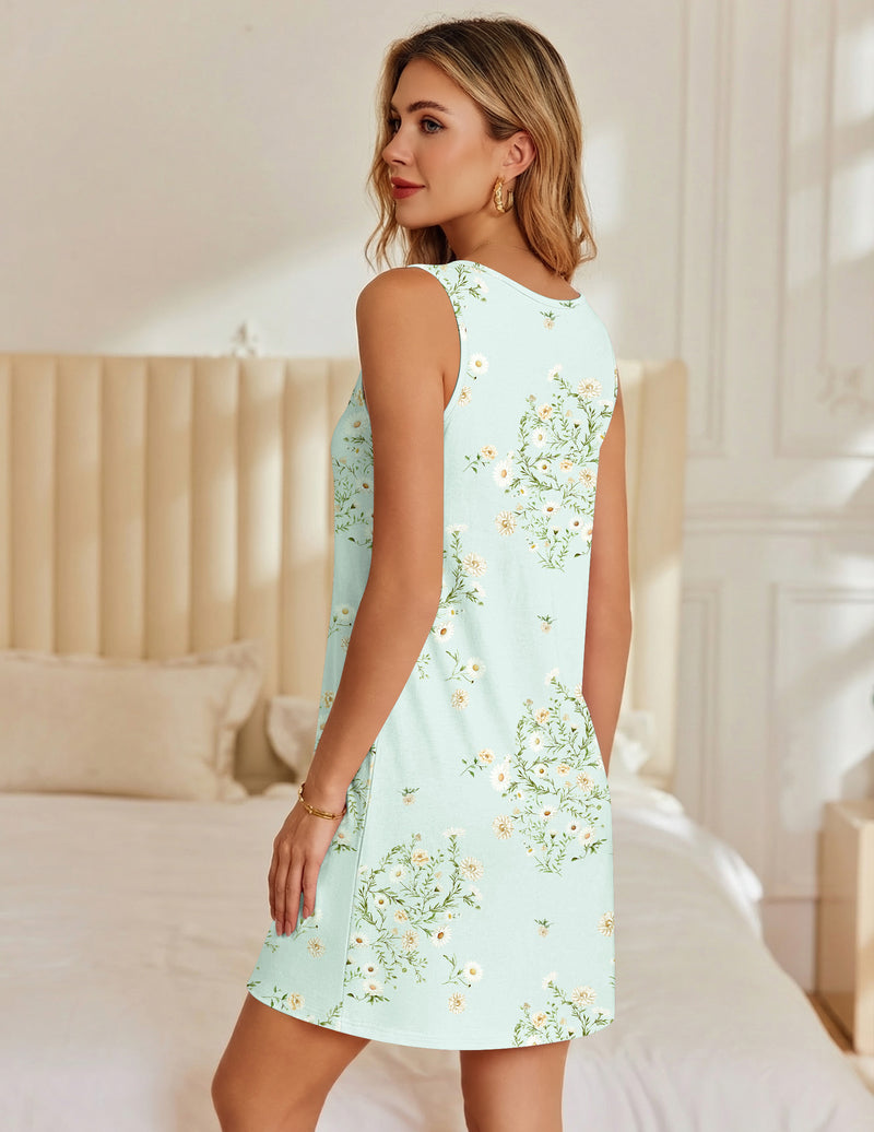 Mint floral sleeveless nightgown with V-neck and straight shift silhouette