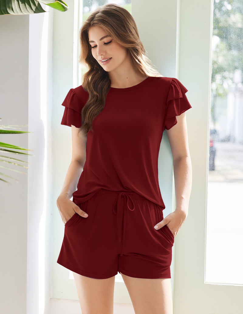 Burgundy ruffle pajama set with flutter sleeves and drawstring shorts pockets