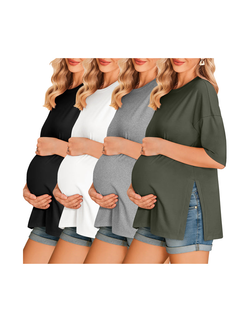 4-pack maternity shirts with short sleeves, drop shoulders, side splits; black, grey, white, olive