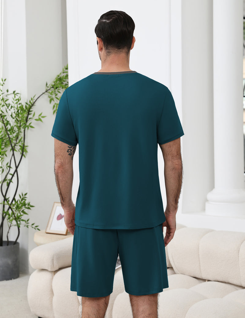 Men's short-sleeve pajama set, teal top and matching shorts, back view.