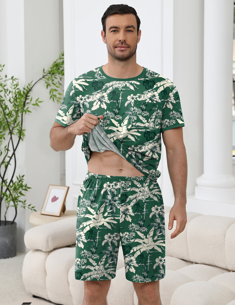 Men's short-sleeve pajama set, green leaf-print top and matching shorts.