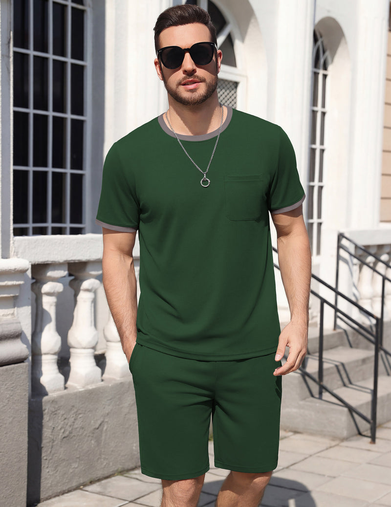 Men's short-sleeve pajama set, forest-green top and matching shorts, standing front.