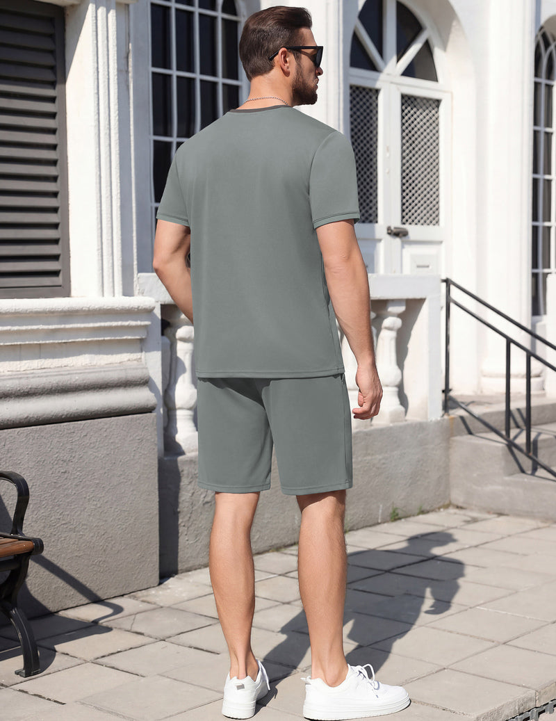 Men's short-sleeve pajama set, sage green T-shirt and shorts shown from back
