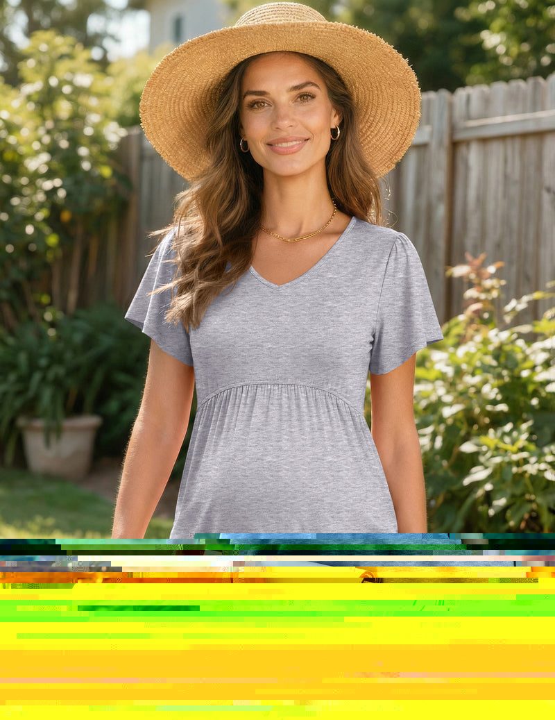 Maternity V-neck short-sleeve top, heather gray, front view with gathered waist