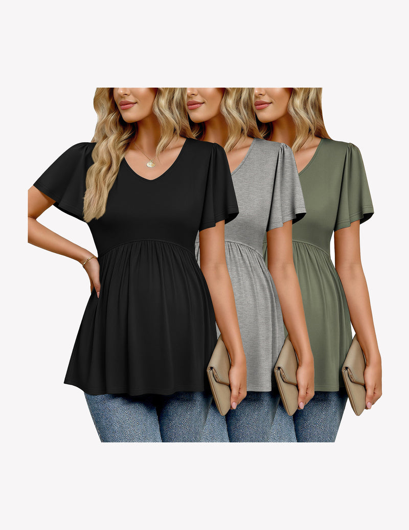 Maternity V-neck short-sleeve top, black/grey/olive with gathered empire waist