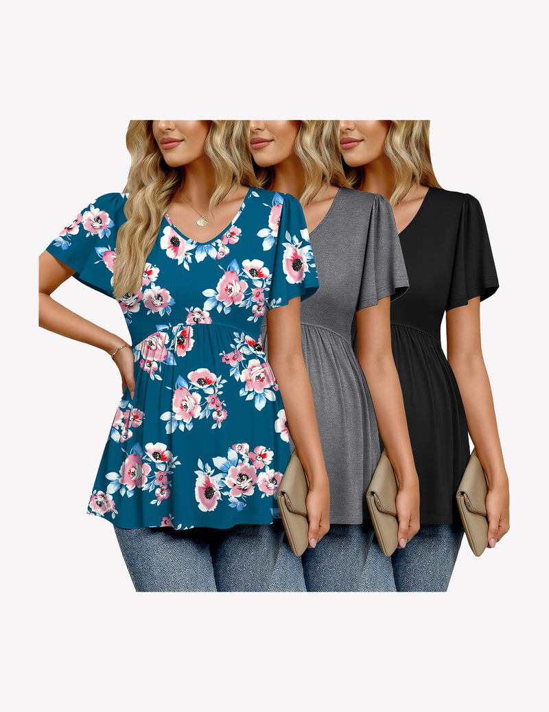 3-pack maternity V-neck short-sleeve tops: blue floral, gray solid, black solid