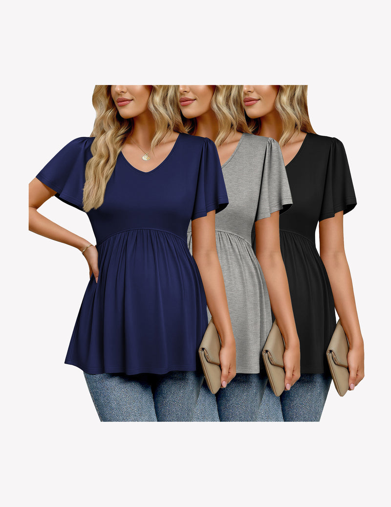 3er Schwangerschafts-Tops mit V-Ausschnitt, Kurzarm: navy, grau meliert, schwarz