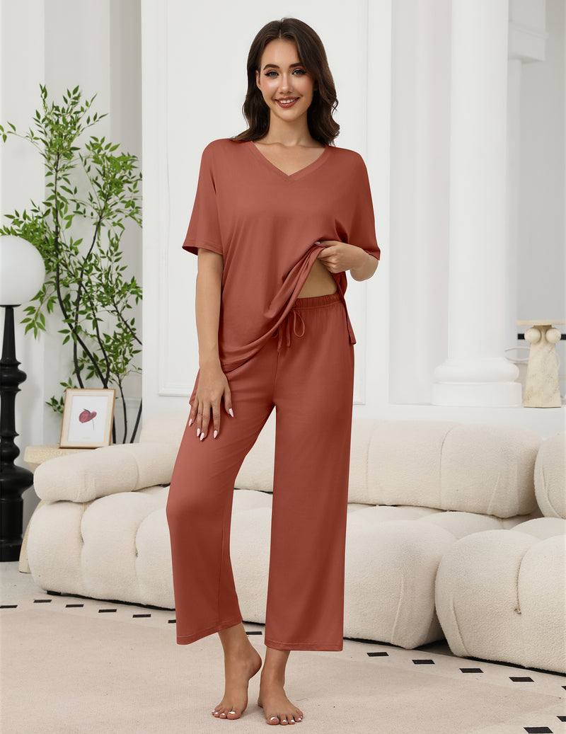 Short Sleeve Tops and Long Pants Soft 2 Piece Outfits