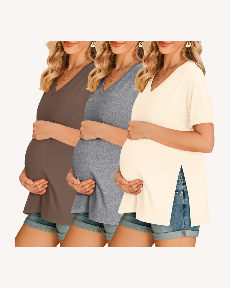 Maternity V-neck tee 3-pack: brown, heather gray, white with side split hem