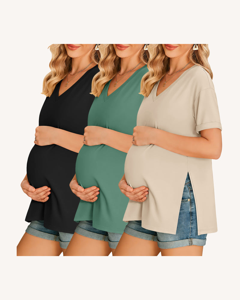 Maternity V-neck tee 3-pack: black, green, beige with side split hem