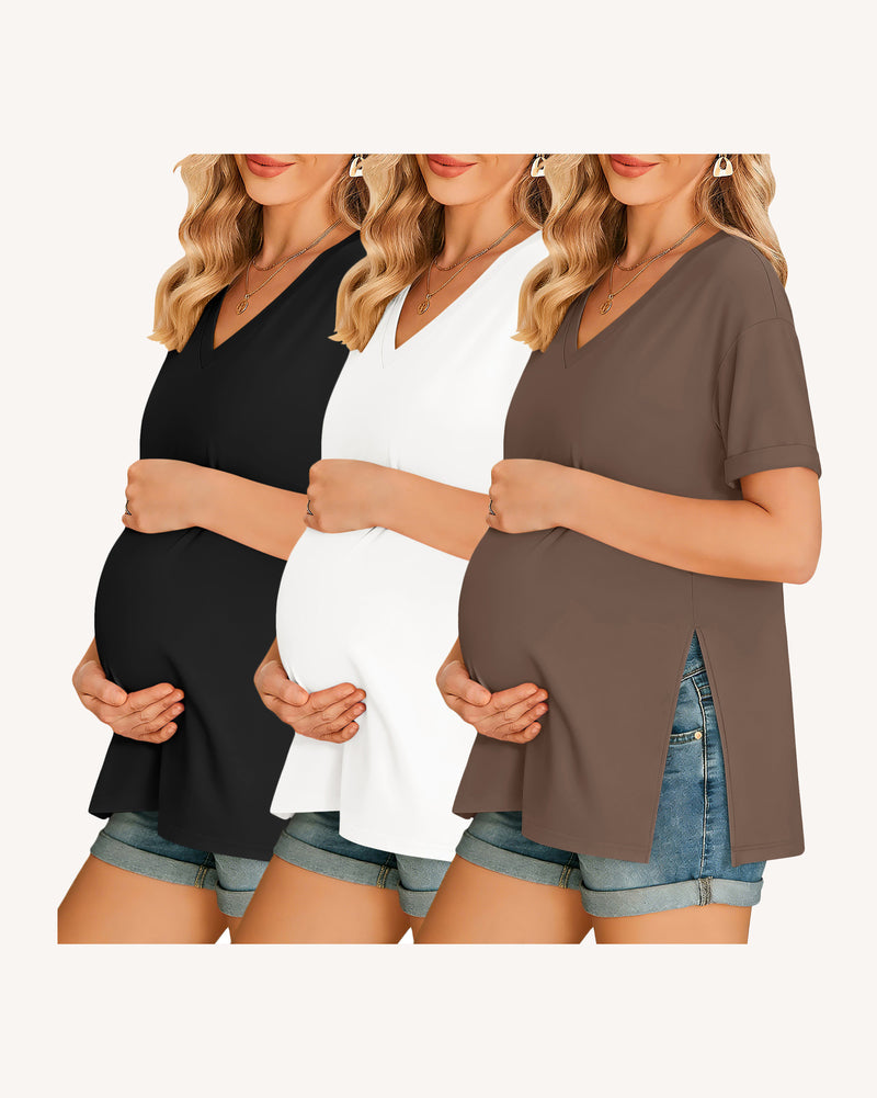 Maternity V-neck tee 3-pack: black, white, taupe with side split hem