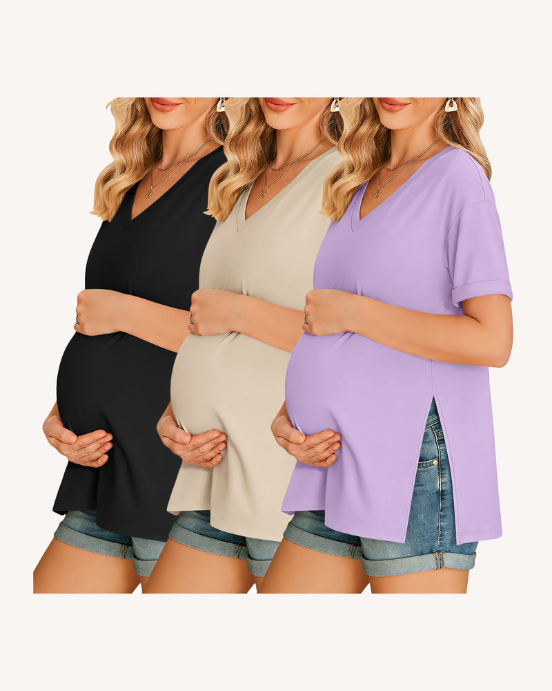 Dreierpack Umstands-T-Shirts, V-Ausschnitt, schwarz/creme/lila