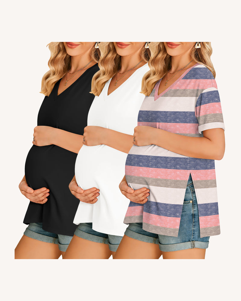Maternity V-neck tee 3-pack: black, white, pink/blue stripes, side-split hem