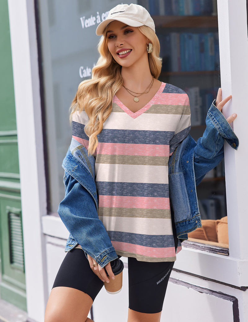 Gestreiftes Umstands-T-Shirt mit V-Ausschnitt, rosa/grau/blau/weiß